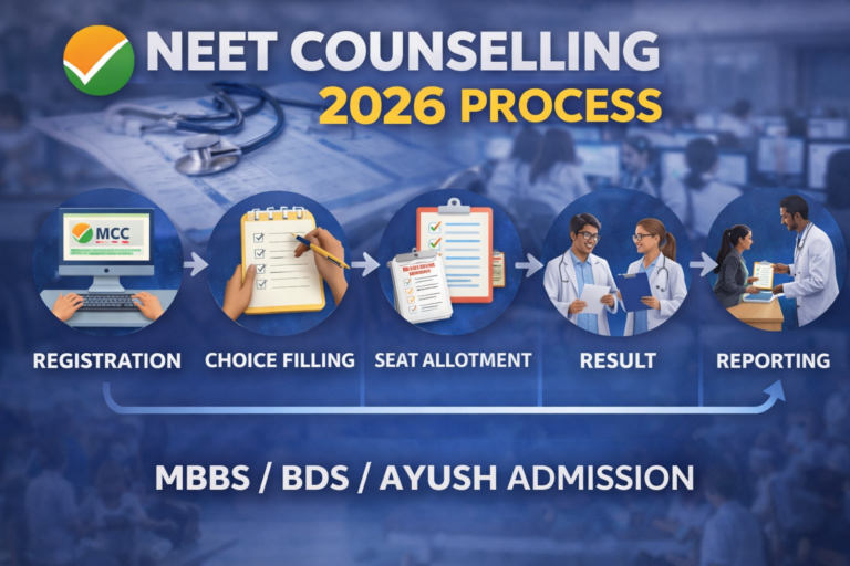 NEET Counselling 2026 process showing MCC registration, choice filling, seat allotment and document verification