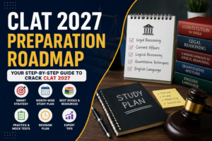 CLAT 2027 preparation roadmap with month-wise study plan, mock tests, books and preparation strategy