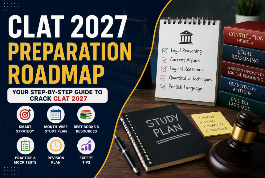 CLAT 2027 preparation roadmap with month-wise study plan, mock tests, books and preparation strategy