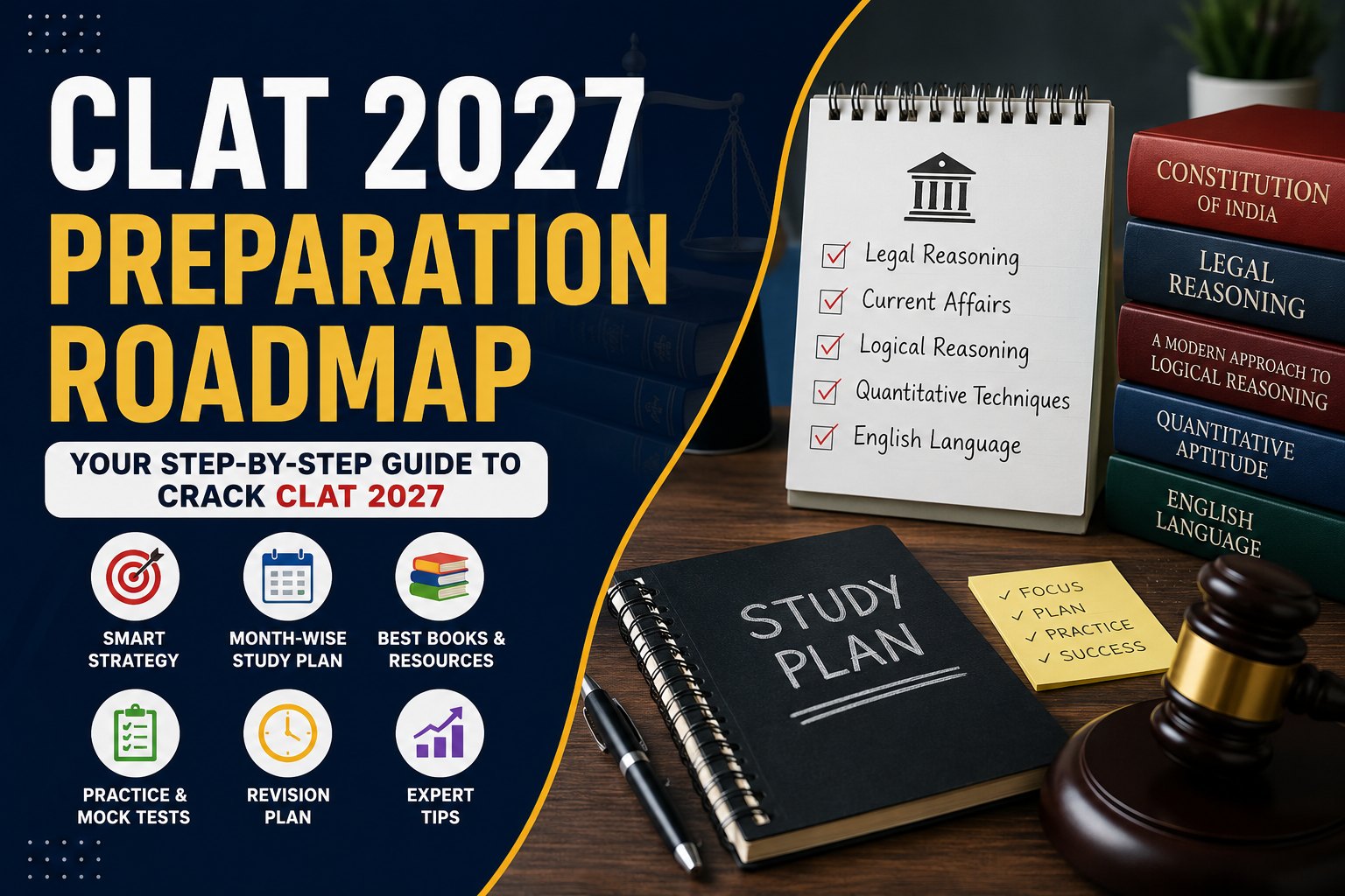 CLAT 2027 preparation roadmap with month-wise study plan, mock tests, books and preparation strategy