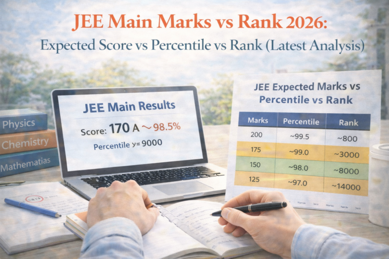 JEE Main Marks vs Rank 2026 chart showing expected AIR, percentile, score analysis and admission chances
