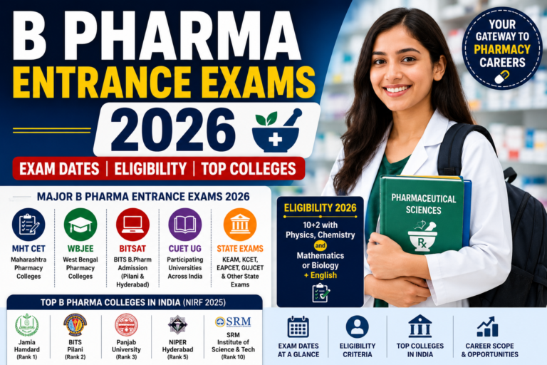 B Pharma entrance exams 2026 with exam dates, eligibility and top pharmacy colleges