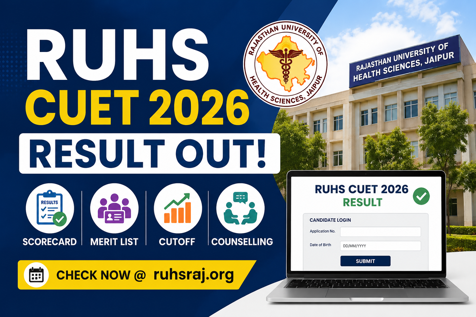 RUHS CUET 2026 result, scorecard, merit list, cutoff and counselling updates