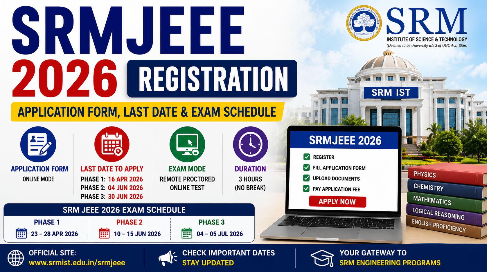 SRMJEEE 2026 registration date, application form last date and exam schedule
